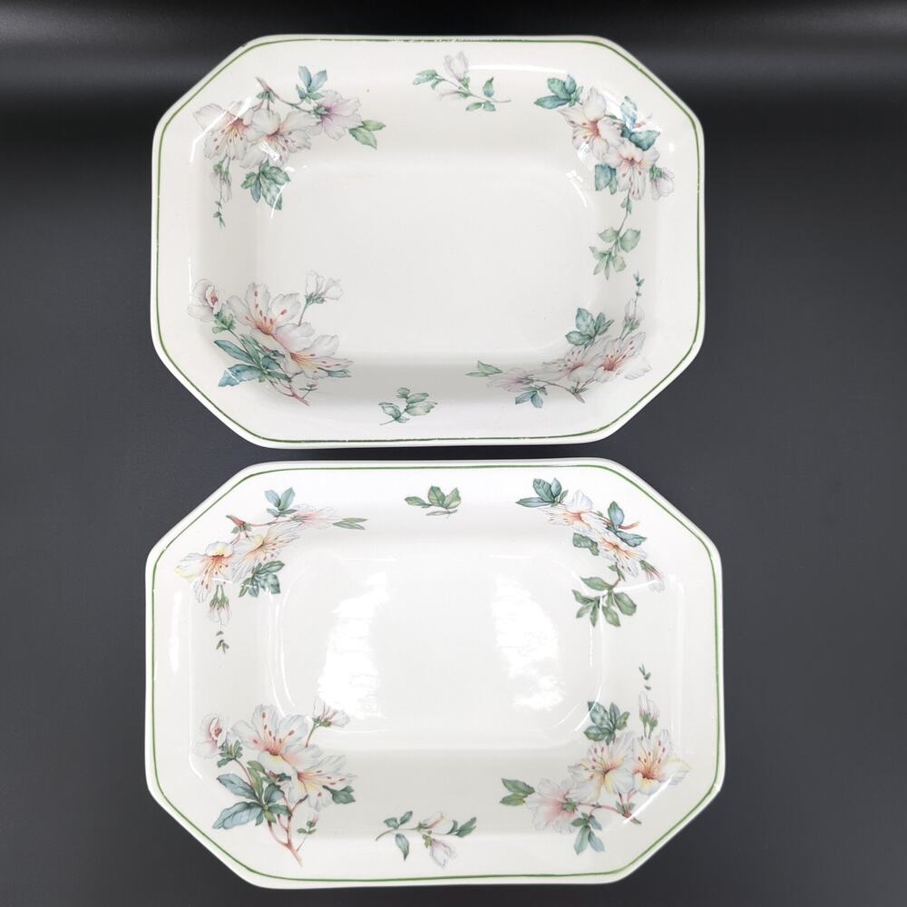 Adams China Azalea Oval Vegetable Bowls White Green Floral Set of 2 VTG FLAW
